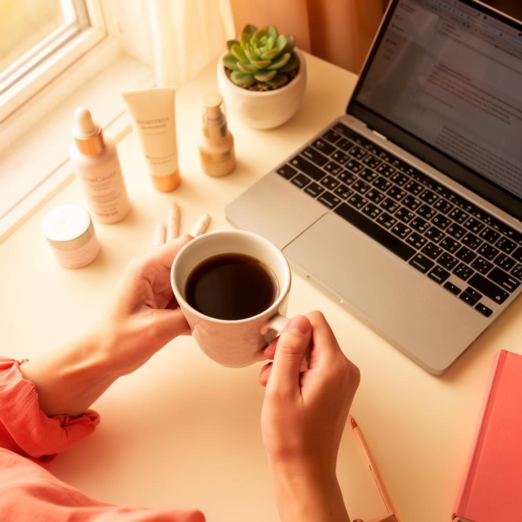 Nicole's workspace with coffee, laptop, and skincare products